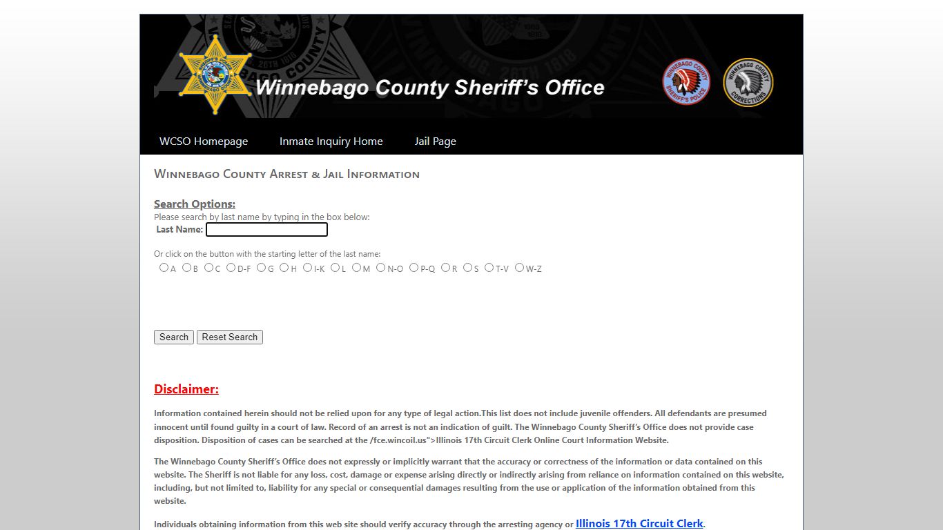 Winnebago County Sheriff's Office -- Inmate Inquiry