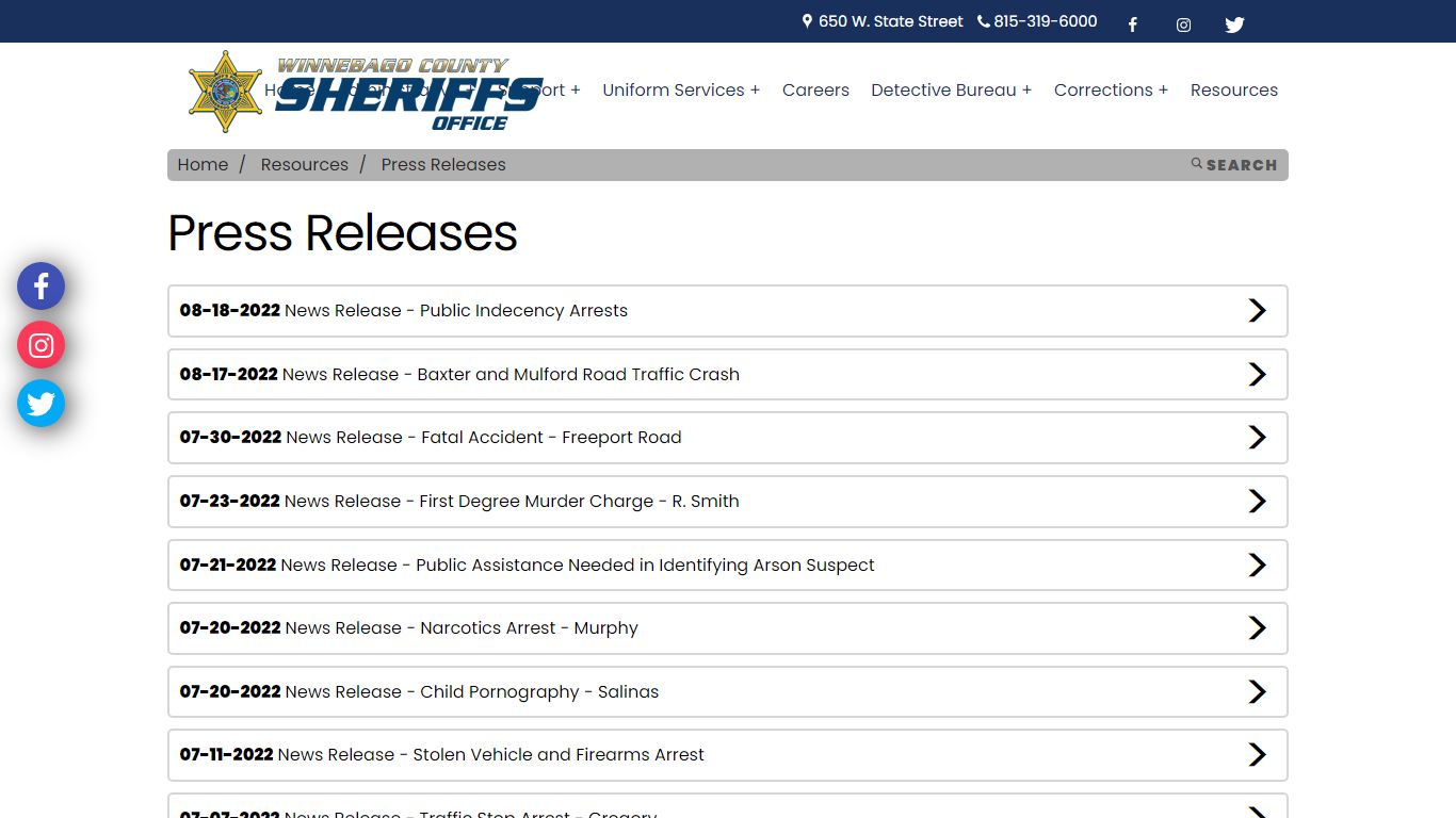 Winnebago Sheriff - Press Releases