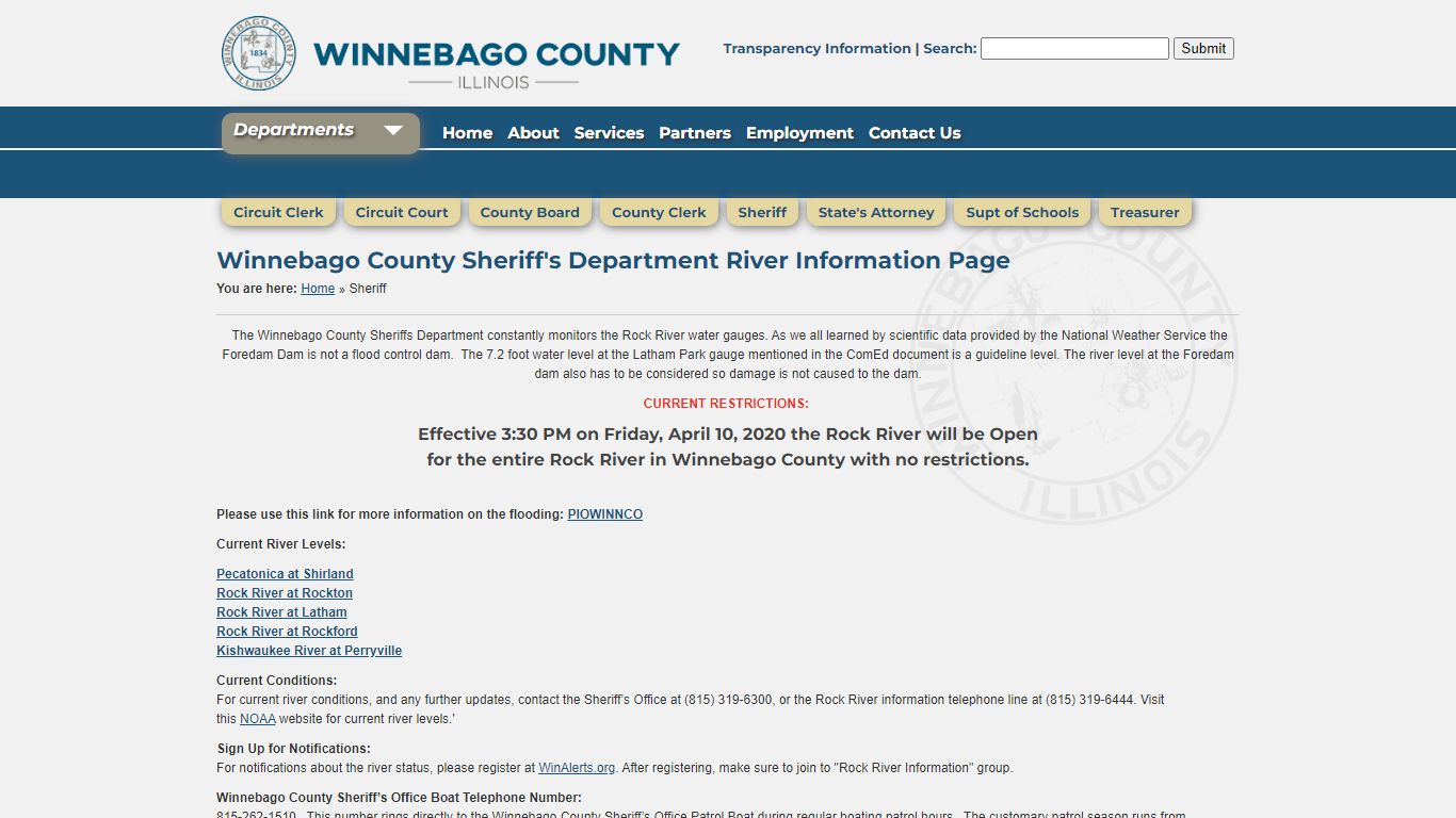 Winnebago County Sheriff's Department River Information Page